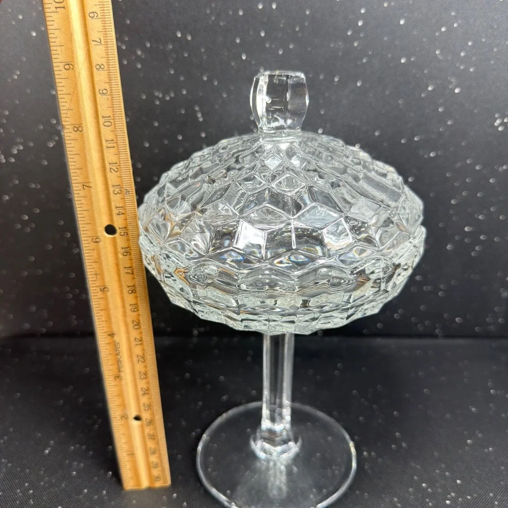 Fostoria American Clear Glass Cubist Pedestal Compote Lidded Candy Dish 9in Tall